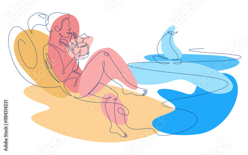 One continuous line drawing young woman with cocktail in hand. The beauty is sunbathing on a sun lounger.Vector doodle illustration