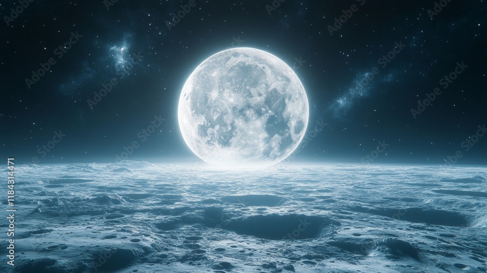 Fototapeta premium Ethereal Moonscape, Barren Craters Bathed in Silver Moonlight, Swirling Nebulae, Cosmic Background.
