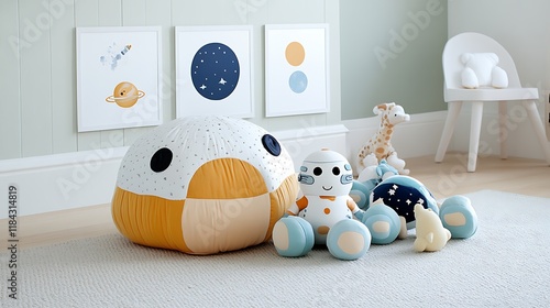 Child s Room Decor  Space Themed Play Area with Toys and Beanbag photo