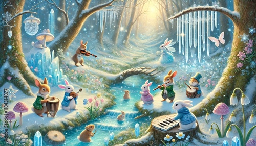An enchanting woodland symphony featuring animals playing instruments amidst a magical, snowy forest with glowing crystals and blooming flowers