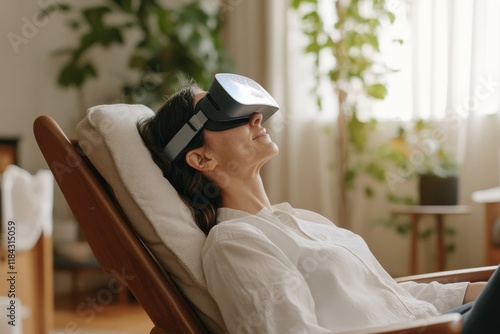 Patient experiencing virtual reality therapy while seated comfortably in a well-lit room filled with plants and natural light