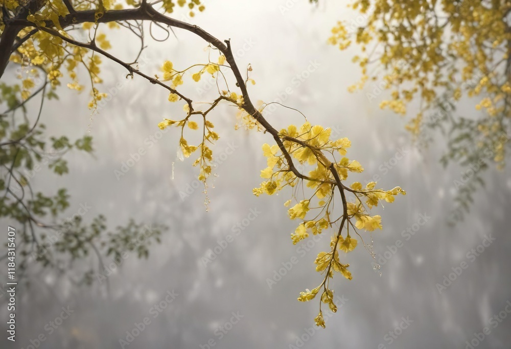 A delicate white fog wraps around the tendrils of a golden yellow grapevine, autumn mist, tender shoots A delicate white fog wraps around the tendrils of a golden yellow grapevine, autumn mist, tender shoots