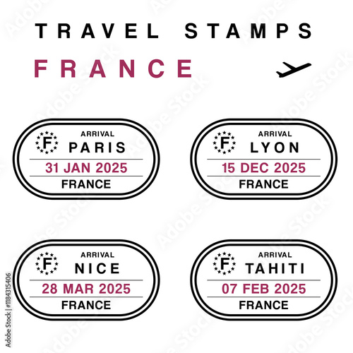 Travel badge - passport stamps set (fictitious stamps). France destinations: Paris, Lyon, Nice and Tahiti. Transparent PNG design. photo