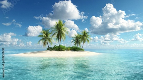 Serene Tropical Island Scene with Vibrant Blue Water and Lush Palm Trees Under a Sky Decorated with Fluffy Clouds Ideal for Travel and Relaxation Themes