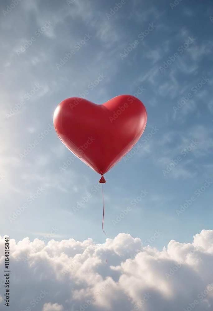 Fototapeta premium A single red heart-shaped balloon floating in the air, gentle, playful, movement