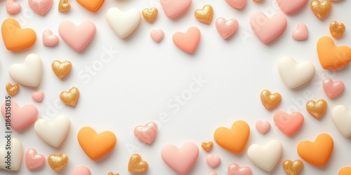 Confetti texture concept with soft shadows for Valentine's Day. Colorful hearts arranged in a decorative border on a light background