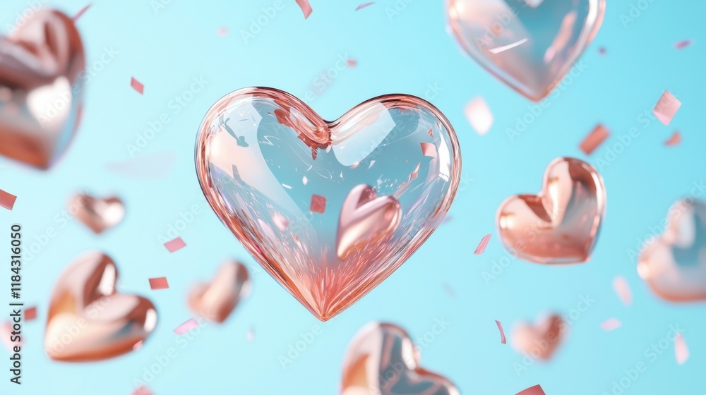 Obraz premium Confetti texture concept with soft shadows for Valentine's Day. Floating translucent hearts in a vibrant blue background