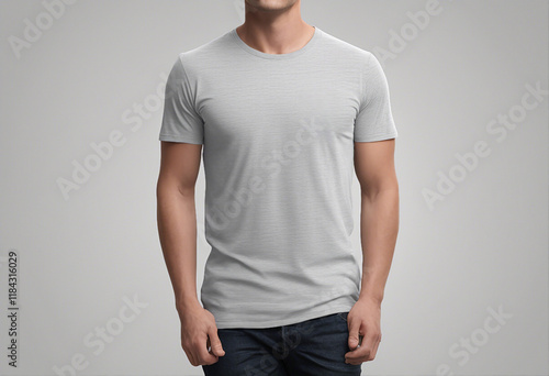 Man Wearing Light Gray T-Shirt and Dark Blue Jeans in Minimalist Setting