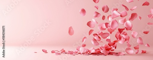 Confetti texture concept with soft shadows for Valentine's Day. Petals scattered over a soft pink background