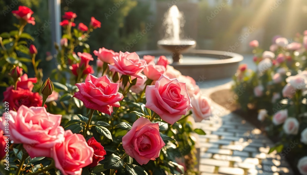 Fototapeta premium A serene rose garden filled with various shades of roses red, pink, and white each adorned with sparkling dew drops, A small fountain in the background creates rippling water reflections, while soft.