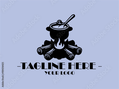 Black pot on campfire cooking food over flames. Perfect for camping, outdoor cooking, wilderness, adventure, survival, cooking, traditional recipes and background illustration vector