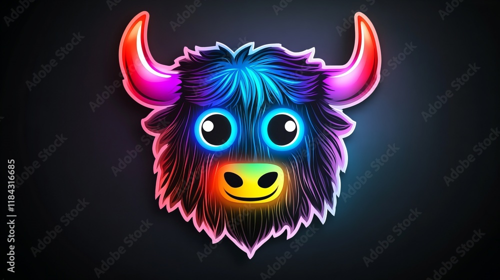 Naklejka premium Vibrant neon yak portrait. A whimsical, colorful illustration.