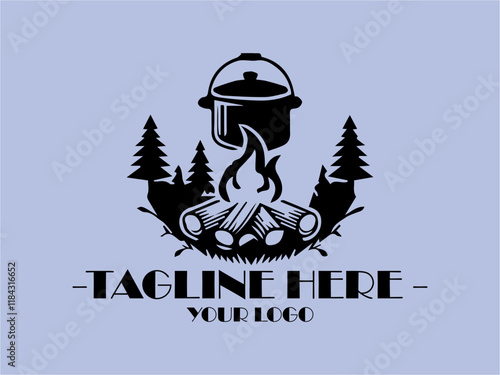 Black pot on campfire cooking food over flames. Perfect for camping, outdoor cooking, wilderness, adventure, survival, cooking, traditional recipes and background illustration vector