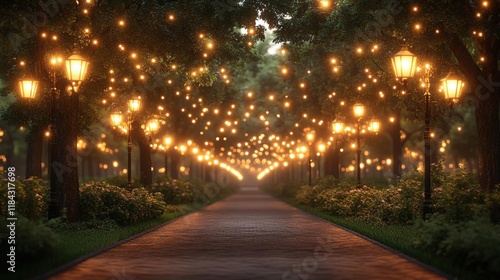 Enchanted pathway through a glowing night garden, magical lights illuminating the trees and path ahead