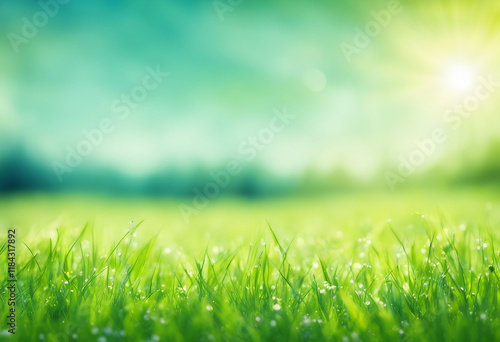 Lush Green Grass with Dew Drops A Refreshing and Natural Spring Scene