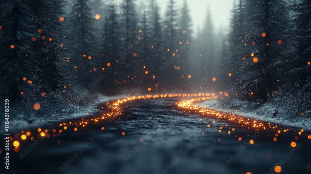 Fototapeta premium Enchanted Winter Forest Path with Glowing Lights