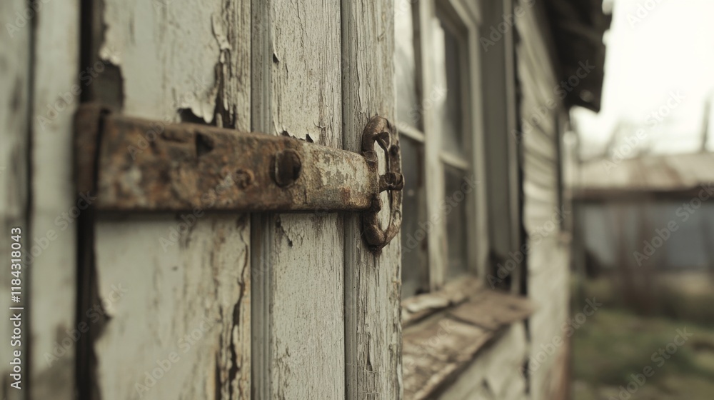 Rusted metal latch on weathered, white wooden window of abandoned house. Rusted metal latch on weathered, white wooden window of abandoned house.