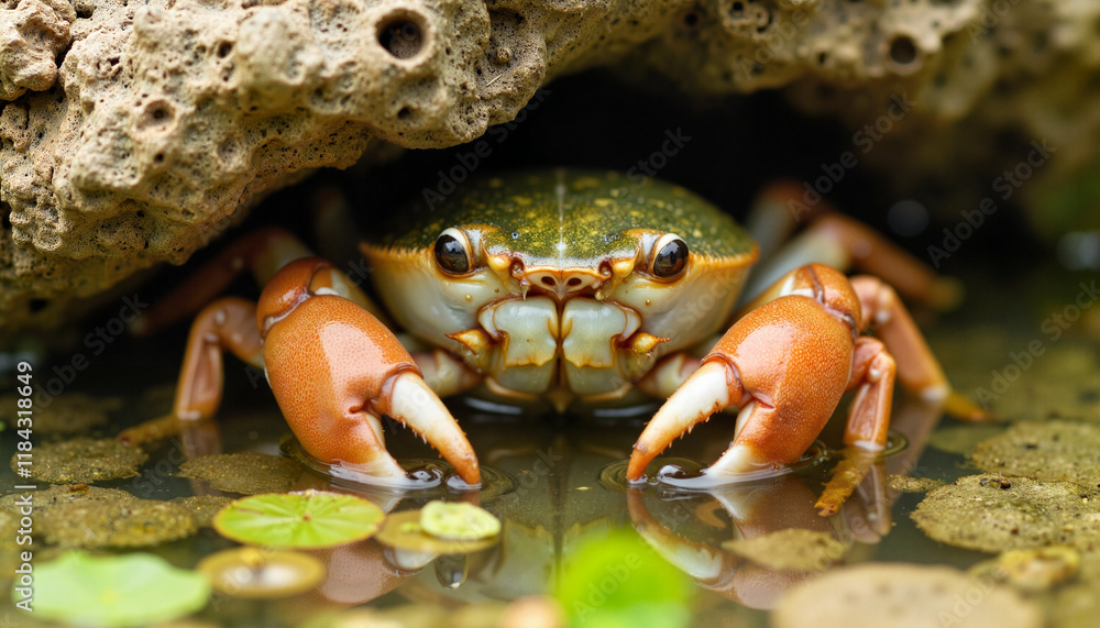 Shy freshwater crab hiding under rock in pond, aquatic tranquility Shy freshwater crab hiding under rock in pond, aquatic tranquility