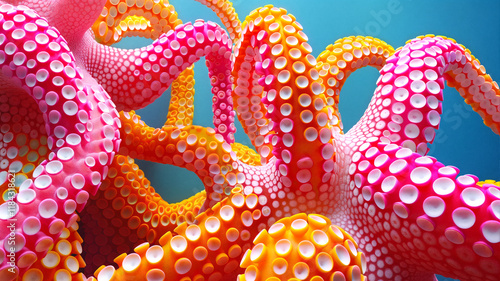 Brightly colored pink and orange octopus tentacles with detailed suction cups intertwining against a blue aquatic background, creating a striking and surreal underwater scene photo