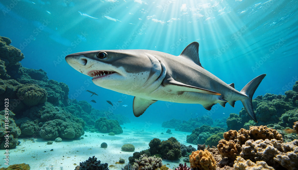 Fototapeta premium Prehistoric shark swimming in ancient sea with vibrant reefs, marine life