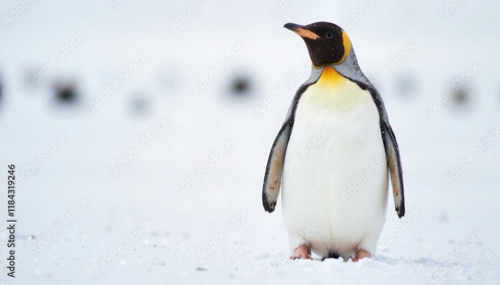 Obraz premium King penguin standing in snowstorm on Antarctic shoreline, resilience