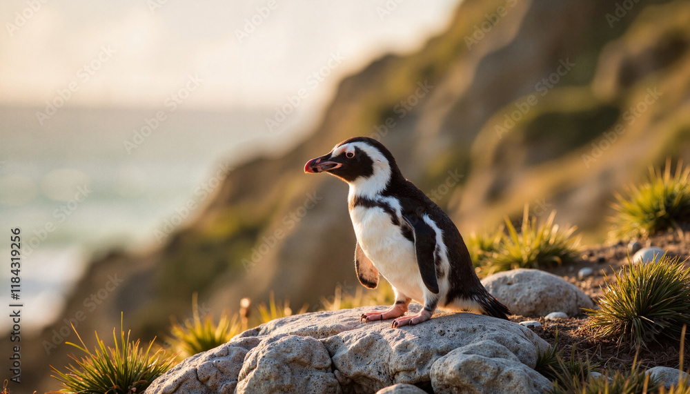 Obraz premium Snares penguin perched on rock at coastline during dusk, nature portrait