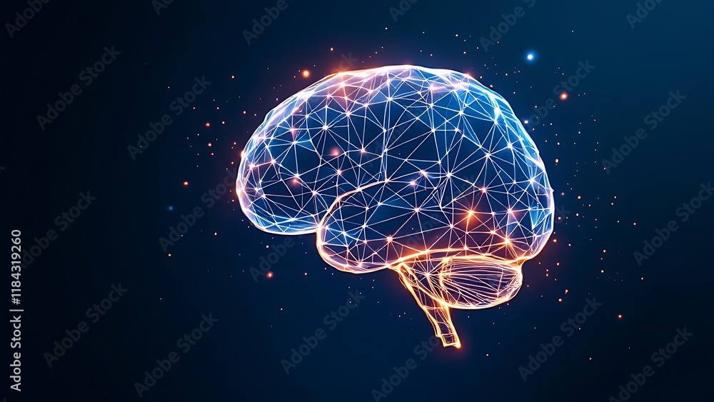 Low poly brain or Artificial intelligence concept. Symbol of Wisdom point. Abstract vector image of a human Brine. Low Polygonal wireframe blue illustration on dark background. Lines and dots. Low poly brain or Artificial intelligence concept. Symbol of Wisdom point. Abstract vector image of a human Brine. Low Polygonal wireframe blue illustration on dark background. Lines and dots.