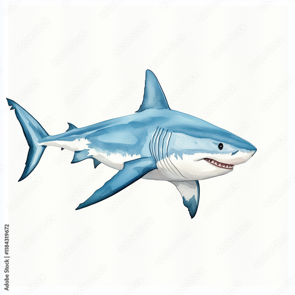 Fototapeta premium Illustration of the Great White Shark, soft watercolor tones, white background, detailed illustration, cartoonish.