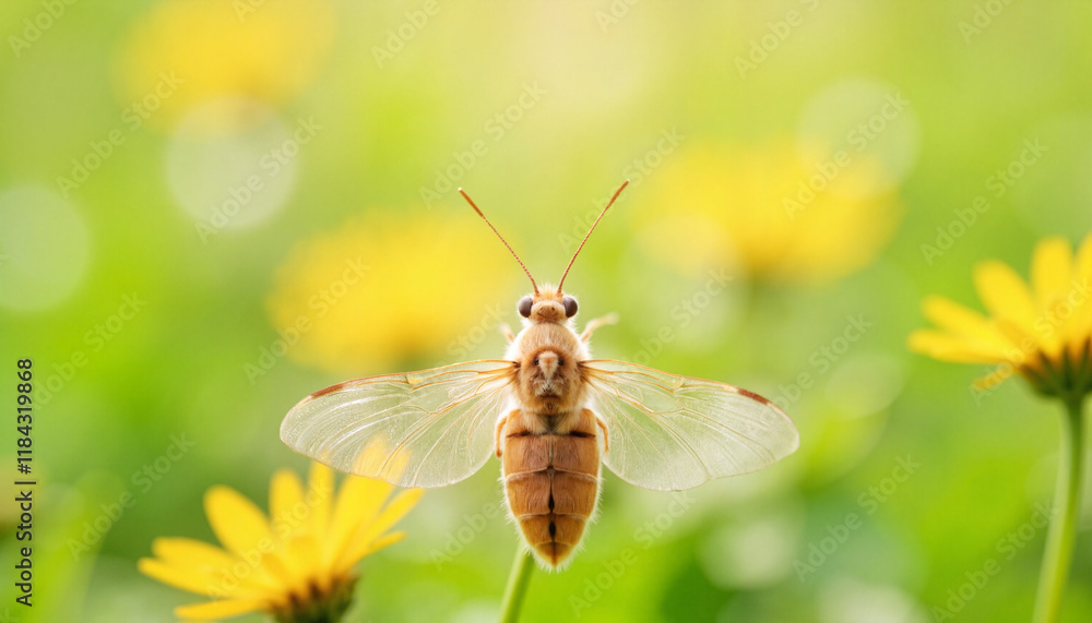 Lacewing insect resting on flower in meadow, nature's beauty Lacewing insect resting on flower in meadow, nature's beauty