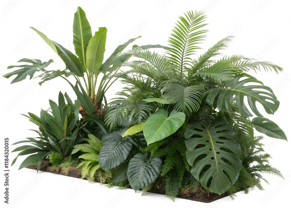 Fototapeta premium Green leaves of tropical plants bush (Monstera, palm, rubber plant, pine, bird’s nest fern) floral arrangement indoors garden nature backdrop isolated on white background