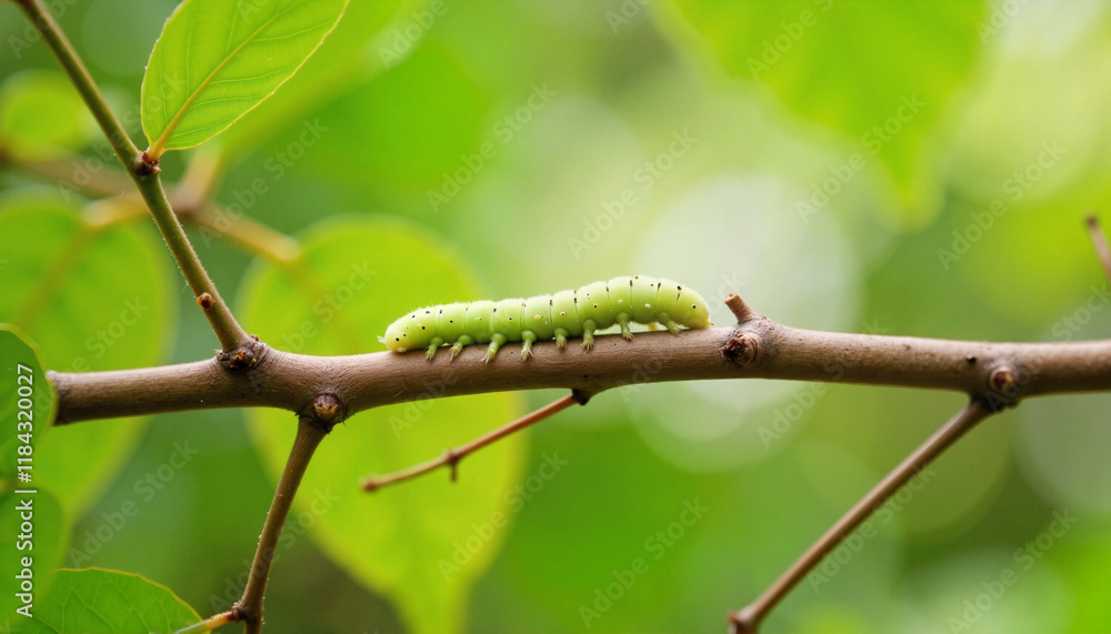 Naklejka premium Camouflaged stick caterpillar resting on forest branch, nature's artistry