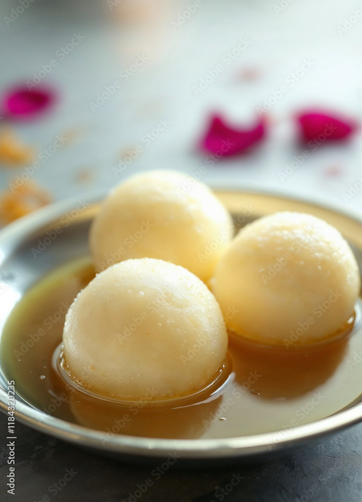 Rasgullas in syrup-filled silver dish, saffron strands, and rose petals in the background. Rasgullas in syrup-filled silver dish, saffron strands, and rose petals in the background.
