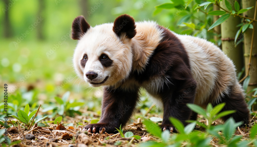 Panda cautiously exploring bamboo forest, nature's curiosity Panda cautiously exploring bamboo forest, nature's curiosity