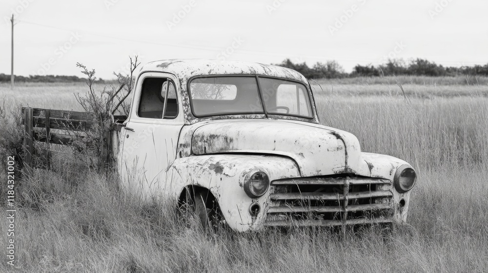 Fototapeta premium Rusted vintage pickup truck abandoned in a field. (1)