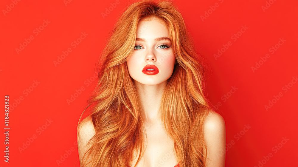 Fototapeta premium Fashion model portrait studio setup vibrant red background close-up beauty concept