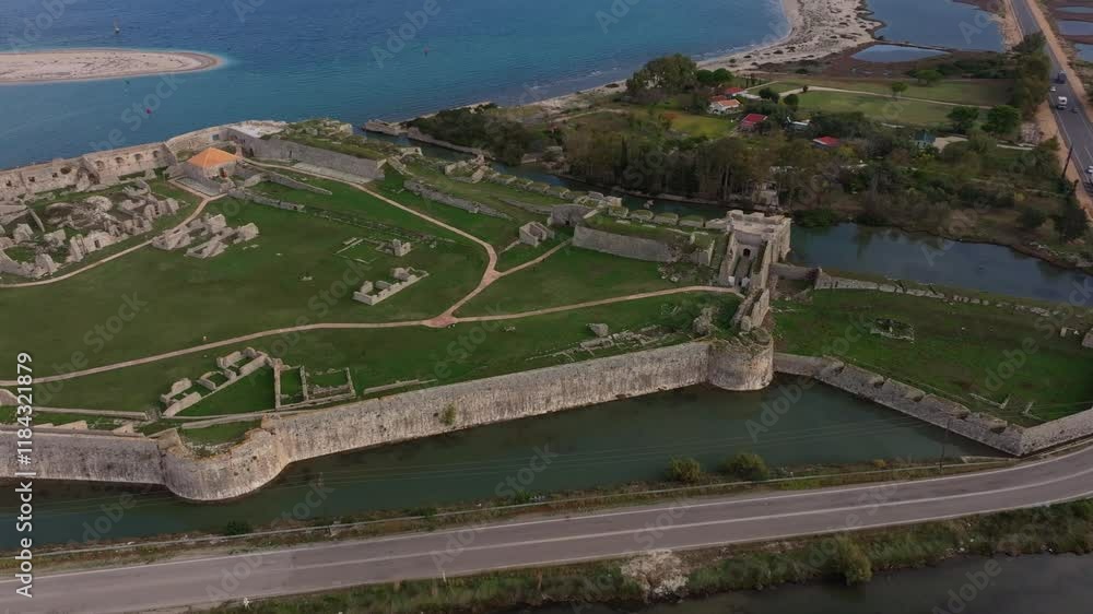 Aerial view of Agia Mavra Fort by the Ionian Sea with beautiful coastal landscape, Lefkada, Greece. Aerial view of Agia Mavra Fort by the Ionian Sea with beautiful coastal landscape, Lefkada, Greece.