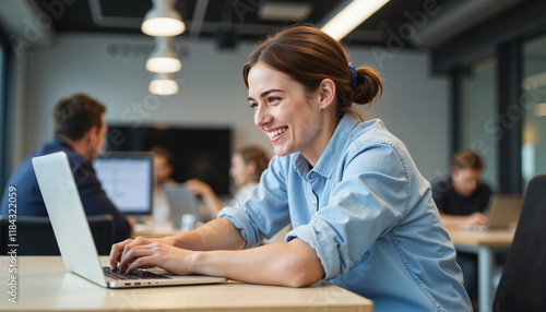 Encouraged intern learning Smiling woman working on laptop in collaborative office
