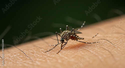 Aedes Aegypti Mosquito on Human Skin – Zika, Dengue, Chikungunya, Yellow Fever Vector photo