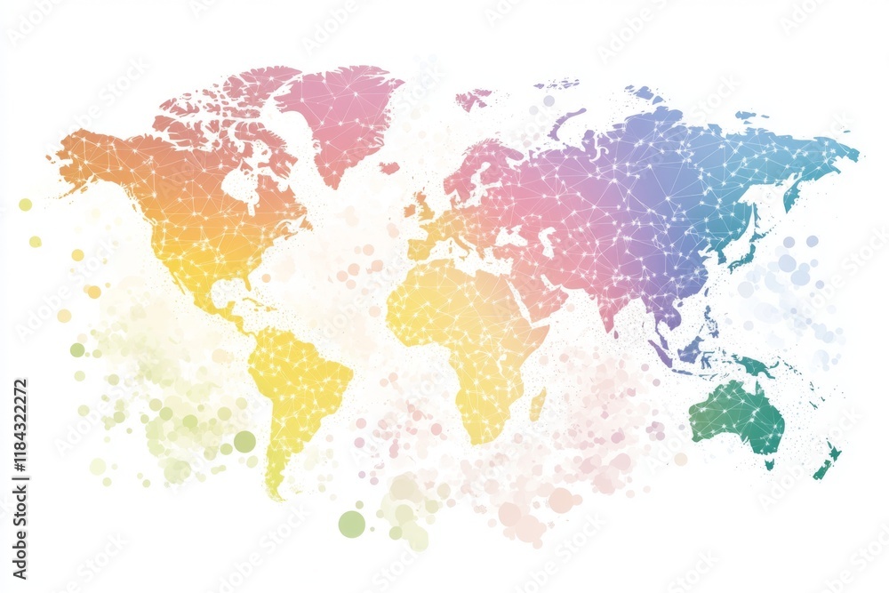 Fototapeta premium Colorful world map with global network connections, flat vector illustration on a white background using simple lines, shapes, and gradient colors.