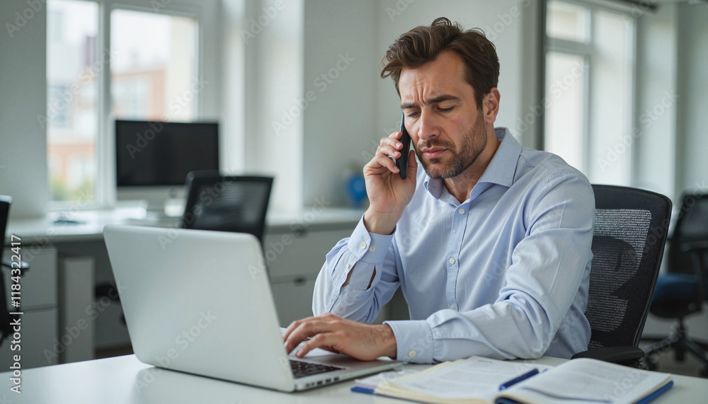 Annoyed clerk Worried worker in office chair Anxious interviewee Nervous job interview Anxious customer Businessman on phone call working on laptop in office Annoyed clerk Worried worker in office chair Anxious interviewee Nervous job interview Anxious customer Businessman on phone call working on laptop in office
