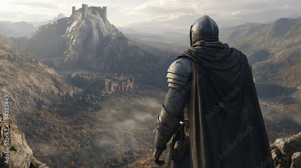 A knight holds his sword high in the air, standing in the center of a ruined battlefield. The sun sets in the background, casting an eerie glow over the destruction. A knight holds his sword high in the air, standing in the center of a ruined battlefield. The sun sets in the background, casting an eerie glow over the destruction.