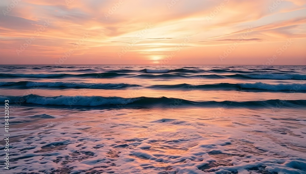 Obraz premium A still ocean at sunset with waves softly rolling and a colorful sky