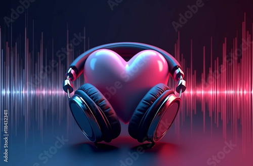 Heart Shape with Headphones, Sound Waves, Gradient Effect in Dark Blue and Pink – Hyper-Realistic Music Concept Art