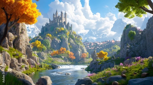 Concept art of castle ruins, rocks, and trees in a fantasy landscape, with a river, valley, and medieval city in the distance under a dramatic sky.