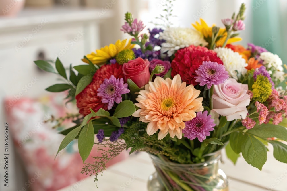 A Vibrant Bouquet of Assorted Flowers in a Glass Vase, Featuring Sunflowers, Roses, and Chrysanthemums A Vibrant Bouquet of Assorted Flowers in a Glass Vase, Featuring Sunflowers, Roses, and Chrysanthemums