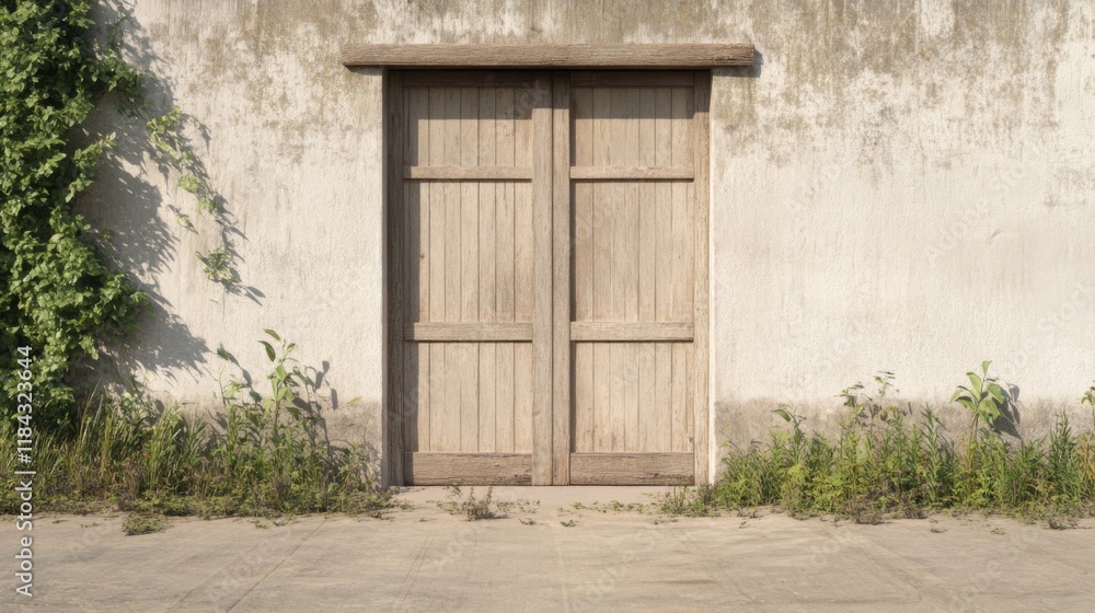 Fototapeta premium Rustic wooden double doors in weathered wall.