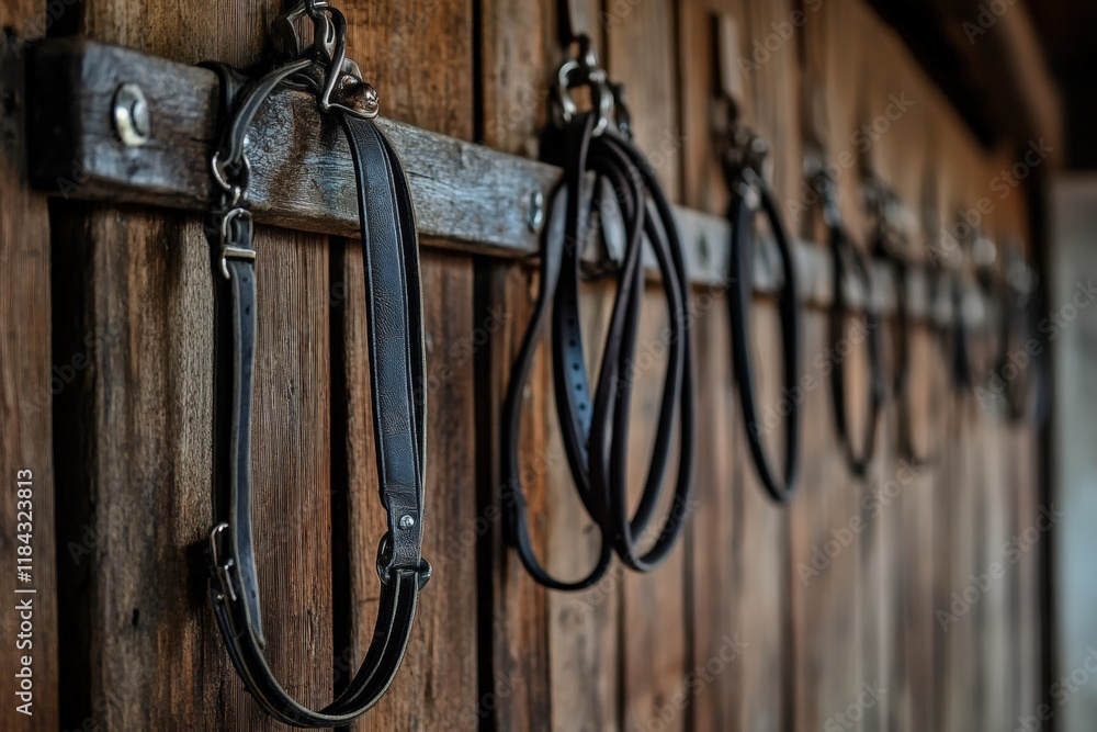 Horse riders complements, rigs, reins, leather over wood. Horse riders complements, rigs, reins, leather over wood.