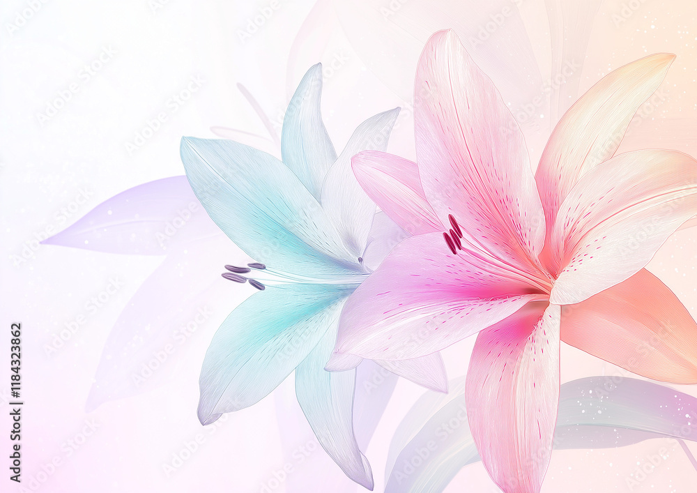 Fototapeta premium A delicate pastel-colored lily flower designed in a soft clipart style, featuring gentle hues on a transparent background, provided in high-quality PNG format for versatile use