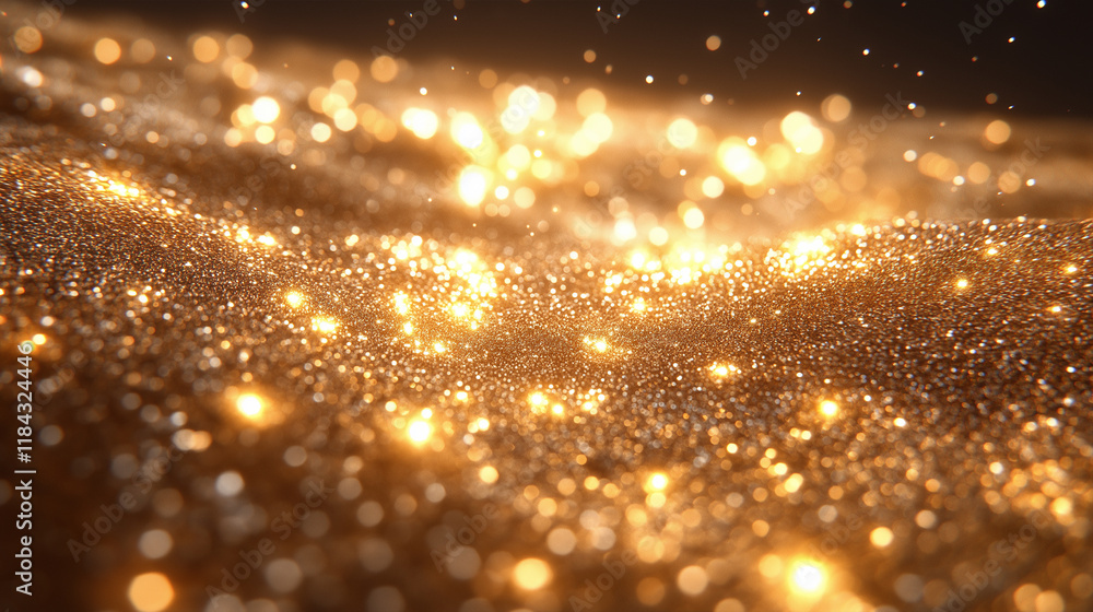 Obraz premium Glowing golden glitter particles shimmering in a soft abstract texture.