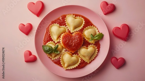 A plate of heart-shaped ravioli with tomato sauce, set against a soft pastel background